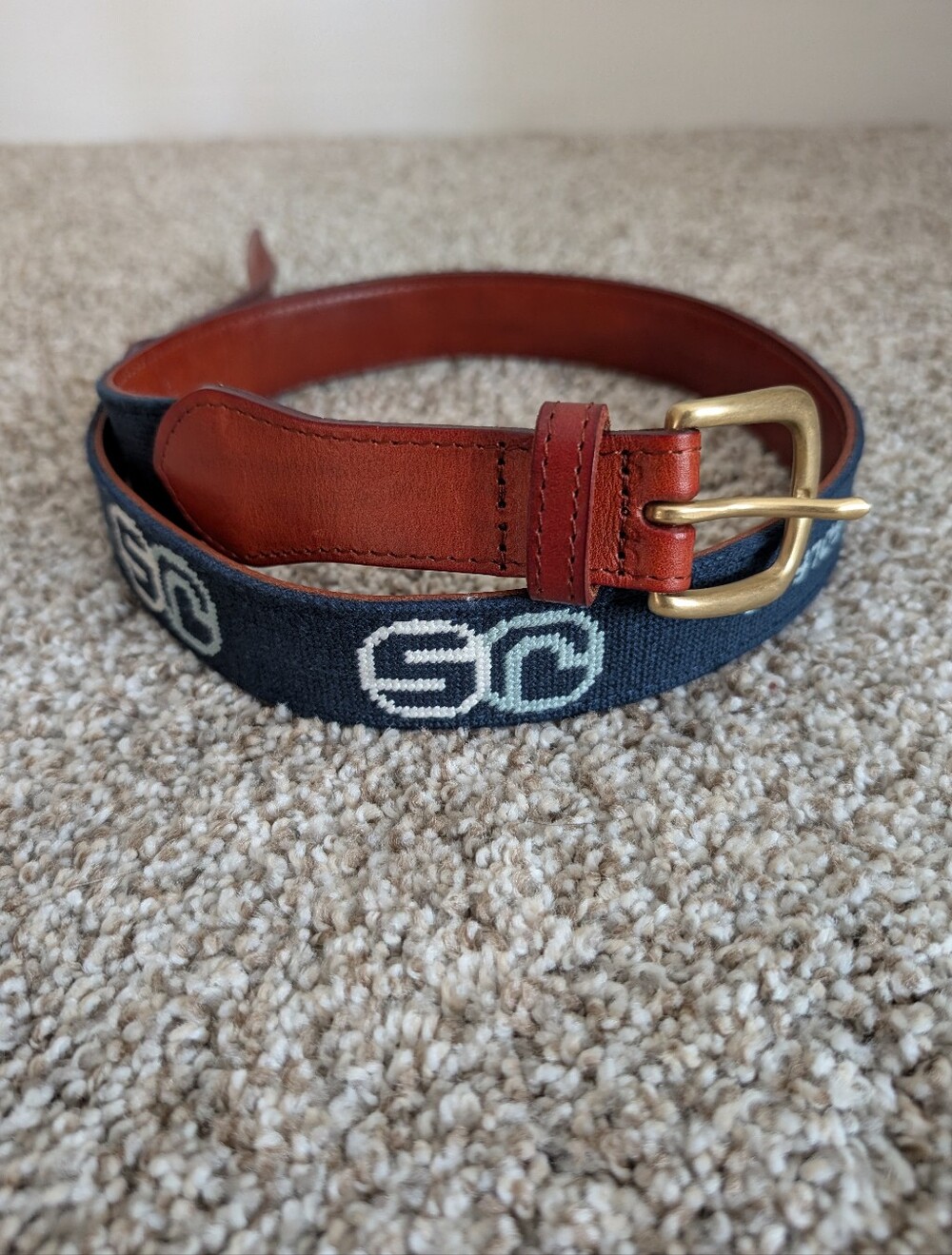Jello Shots Embroidered Leather-Trim Navy Logo Belt - Golf Preppy Sz 36